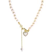 Collier de perles en plastique, perle de plastique, avec Acier titane, avec 8.1cm chaînes de rallonge, coeur, Placage de couleur d'or, bijoux de mode & pavé de micro zircon & pour femme, blanc Environ 36 cm, Vendu par PC