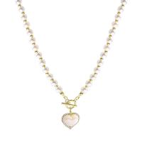 Collier de perles en plastique, perle de plastique, avec alliage de zinc, coeur, couleur de haute qualité d'or plaqué, bijoux de mode & pavé de micro zircon & pour femme, blanc Environ 44.7 cm, Vendu par PC