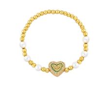 Cubic Zirconia Micro Pave Brass Bracelet, with Plastic Pearl, Heart, gold color plated, micro pave cubic zirconia & for woman .1 Inch 