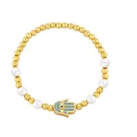 Cubic Zirconia Micro Pave Brass Bracelet, with Plastic Pearl, Hamsa, gold color plated, micro pave cubic zirconia & for woman .1 Inch 