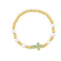 Cubic Zirconia Micro Pave Brass Bracelet, with Plastic Pearl, Cross, gold color plated, micro pave cubic zirconia & for woman .1 Inch 