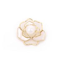 Shell Brooch, Brass, with White Shell & Plastic Pearl, Flower, real gold plated, for woman & hollow 