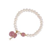 bracelet en laiton de perle d'eau douce cultivée, avec perle d'eau douce cultivée & Strawberry Quartz, Plaqué d'or, bijoux de mode & pour femme, 21*11mm,6mm Environ 6.69 pouce, Vendu par PC