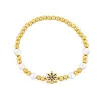 Cubic Zirconia Micro Pave Brass Bracelet, with Plastic Pearl, Leaf, gold color plated, elastic & micro pave cubic zirconia & for woman .3 Inch 