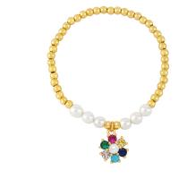 Cubic Zirconia Micro Pave Brass Bracelet, with Plastic Pearl, Flower, gold color plated, micro pave cubic zirconia & for woman .1 Inch 