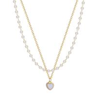 Collier de perles en plastique, alliage de zinc, avec Plastique ABS perle & cristal, avec 5cm chaînes de rallonge, coeur, Double couche & bijoux de mode & pavé de micro zircon & pour femme, deux couleurs différentes, 11mm cm, Vendu par brin