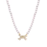 Plastic Pearl Necklace, Zinc Alloy, with ABS Plastic Pearl, with 6.1cm extender chain, Bowknot, fashion jewelry & for woman & enamel, white cm 