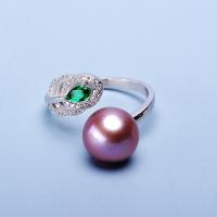 Cultured Freshwater Pearl Finger Ring, with Brass, silver color plated, for woman & with rhinestone, purple, 10-11mm 