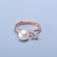 Cultured Freshwater Pearl Finger Ring, with Brass, Round, rose gold color plated, Adjustable & for woman & with rhinestone, rose gold color, 7-8mm 