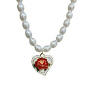 Plastic Pearl Necklace, Zinc Alloy, with Plastic Pearl, Heart, gold color plated, fashion jewelry & with flower pattern & for woman & enamel 