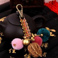 Brass Key Chain, with Bodhi Wood Beads & Plush & Wax Cord, handmade, Bohemian style & for woman, 140mm 