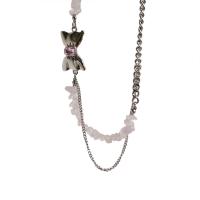 Gemstone Chip Necklaces, Titanium Steel, with Gemstone & Zinc Alloy, with 6cm extender chain, Bowknot, silver color plated, fashion jewelry & adjustable & for woman, pink .5 cm, 42 cm 