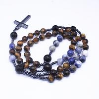Fashion Sweater Chain Necklace, Tiger Eye, with Iron Rock & Sodalite & Black Agate, polished, Unisex, two different colored Approx 26.77 Inch 