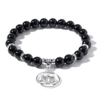 Black Obsidian Bracelet, with Zinc Alloy, Round, silver color plated, elastic & Unisex, black .5 Inch 