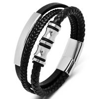 PU Leather Bracelet, with 316L Stainless Steel, polished, three layers & vintage & for man, black 