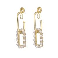 Brass Drop Earring, with Plastic Pearl, Rectangle, real gold plated, fashion jewelry & micro pave cubic zirconia & for woman, golden 