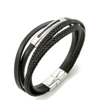 Titanium Steel Bracelet, with Cowhide, Vacuum Ion Plating, multilayer & for man, black, 210mm 