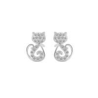Cubic Zirconia Micro Pave Sterling Silver Earring, 925 Sterling Silver, Cat, platinum plated, micro pave cubic zirconia & for woman, white 