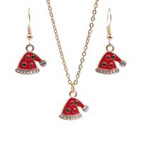 Enamel Zinc Alloy Jewelry Sets, earring & necklace, Christmas Hat, gold color plated, 2 pieces & Christmas jewelry & for woman & with rhinestone, red 