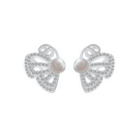 Cubic Zirconia Micro Pave Sterling Silver Earring, 925 Sterling Silver, Butterfly, plated, micro pave cubic zirconia & for woman & with plastic pearl 