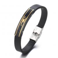 Leatheroid Cord Bracelets, 304 Stainless Steel, with Leather, Vacuum Ion Plating, Unisex black Approx 8.66 Inch 