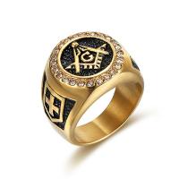 316L Stainless Steel Finger Ring, real gold plated & for man & with rhinestone, 20mm, US Ring .5 