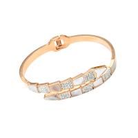 Stainless Steel Cuff Bangle, 316L Stainless Steel, with White Shell, Snake, real rose gold plated, for woman & with rhinestone, 60mm 