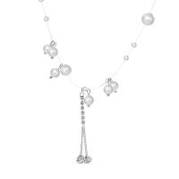 Collier de perles en plastique, perle de plastique, avec Fil de pêche, avec 4.4cm chaînes de rallonge, Rond, bijoux de mode & pavé de micro zircon & pour femme, blanc Environ 33 cm, Vendu par PC