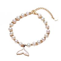 Cultured Freshwater Pearl Brass Bracelet, with Brass, with 4cm extender chain, Mermaid tail, 14K gold plated, Natural & fashion jewelry & for woman, two different colored, 5-6mm cm 