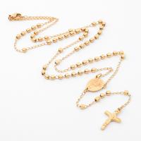 Rosary Necklace, 304 Stainless Steel, with Zinc Alloy, Cross, Galvanic plating, Unisex, golden .56 Inch 