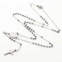 Rosary Necklace, 304 Stainless Steel, with Zinc Alloy, Cross, Galvanic plating, Unisex, silver color, 3mm .69 Inch 