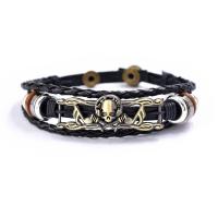 Cowhide Bracelet, with Zinc Alloy, Skull, handmade, multilayer & braided bracelet & for man, black, 220mm 