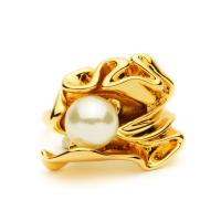 Жемчужина латуни палец кольцо, Латунь, с Пластиковая жемчужина, Форма цветка, плакированный настоящим золотом, регулируемый & Женский, размер:6-8, продается PC