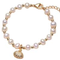 bracelet en laiton de perle d'eau douce cultivée, avec laiton, avec 4cm chaînes de rallonge, Plaqué d'or 14K, Naturel & bijoux de mode & pour femme, doré, 5-6mm cm, Vendu par brin