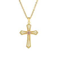 Cubic Zircon Micro Pave Brass Necklace, with 304 Stainless Steel Chain, Cross, 18K gold plated, fashion jewelry & micro pave cubic zirconia & for woman cm 