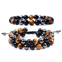 Gemstone Woven Ball Bracelets, Tiger Eye, with Black Magnetic Stone & Black Agate, Round, fashion jewelry & Unisex mixed colors, 8mm 