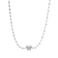 Plastic Pearl Necklace, with Titanium Steel & Crystal, with 5.5cm extender chain, Butterfly, polished, fashion jewelry & adjustable & for woman & with rhinestone, silver color, 11mm Approx 38 cm 