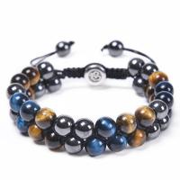 Gemstone Woven Ball Bracelets, Tiger Eye, with Black Magnetic Stone, Round, Double Layer & fashion jewelry & adjustable & for man, mixed colors .8 Inch 