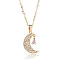 Cubic Zircon Micro Pave Brass Necklace, with 1.96inch extender chain, Moon, real gold plated, oval chain & micro pave cubic zirconia & for woman Approx 15.7 Inch 