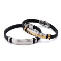 Titanium Steel Bracelet, with PU Leather Cord, Vacuum Ion Plating, for man 220mm Approx 8.66 Inch 