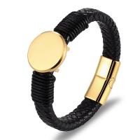 Leather Bracelet, with Titanium Steel, Flat Round, Vacuum Ion Plating, fashion jewelry & for man 