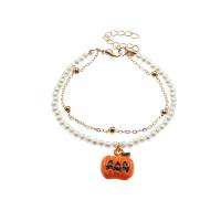 Plastic Pearl Bracelet, with Resin & Zinc Alloy, with 2inch extender chain, Pumpkin, gold color plated, Halloween Design & Double Layer & for woman Approx 8.1 Inch 