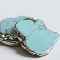 Natural Turquoise Pendants, with Brass, irregular, silver color plated, Unisex, blue 