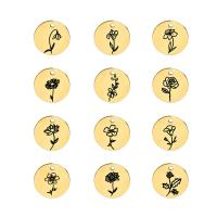Stainless Steel Pendants, 304 Stainless Steel, Round, Vacuum Ion Plating & with flower pattern, golden 