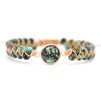 Gemstone Woven Ball Bracelets, African Turquoise, with Polyester Cord & Zinc Alloy, Round, gold color plated, Unisex & adjustable, mixed colors .1 Inch 