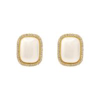 Cubic Zirconia Micro Pave Brass Earring, with Plastic Pearl, Rectangle, gold color plated, micro pave cubic zirconia & for woman 