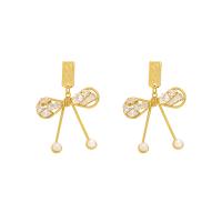 Cubic Zirconia Micro Pave Brass Earring, with Plastic Pearl, Bowknot, gold color plated, micro pave cubic zirconia & for woman 