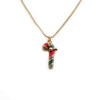 Christmas Jewelry Necklace, Brass, Christmas Candy Cane, gold color plated, Unisex & micro pave cubic zirconia & enamel, golden .7 Inch 