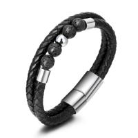 Titanium Steel Bracelet, with Natural Stone & Cowhide, stoving varnish, braided bracelet & for man, black, 210mm 
