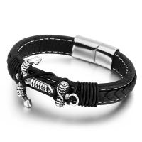 Titanium Steel Bracelet, with Leather, Anchor, Vacuum Ion Plating, braided bracelet & for man, black, 210mm 